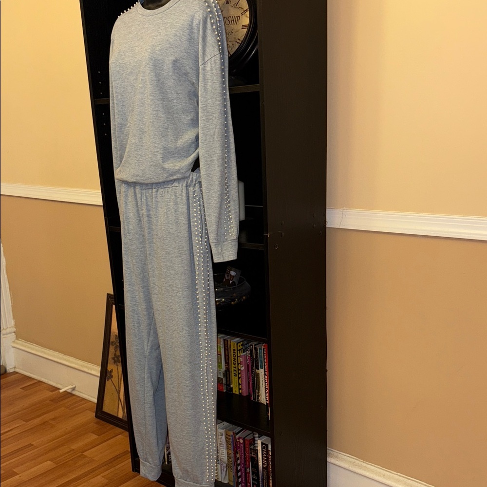 Gray Women's Pearl Studded Pants Set
